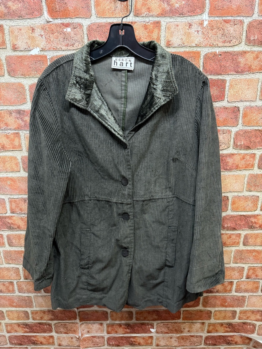 KEREN hart Olive Green Corduroy peplum jacket w/ velvet collar and cuffs